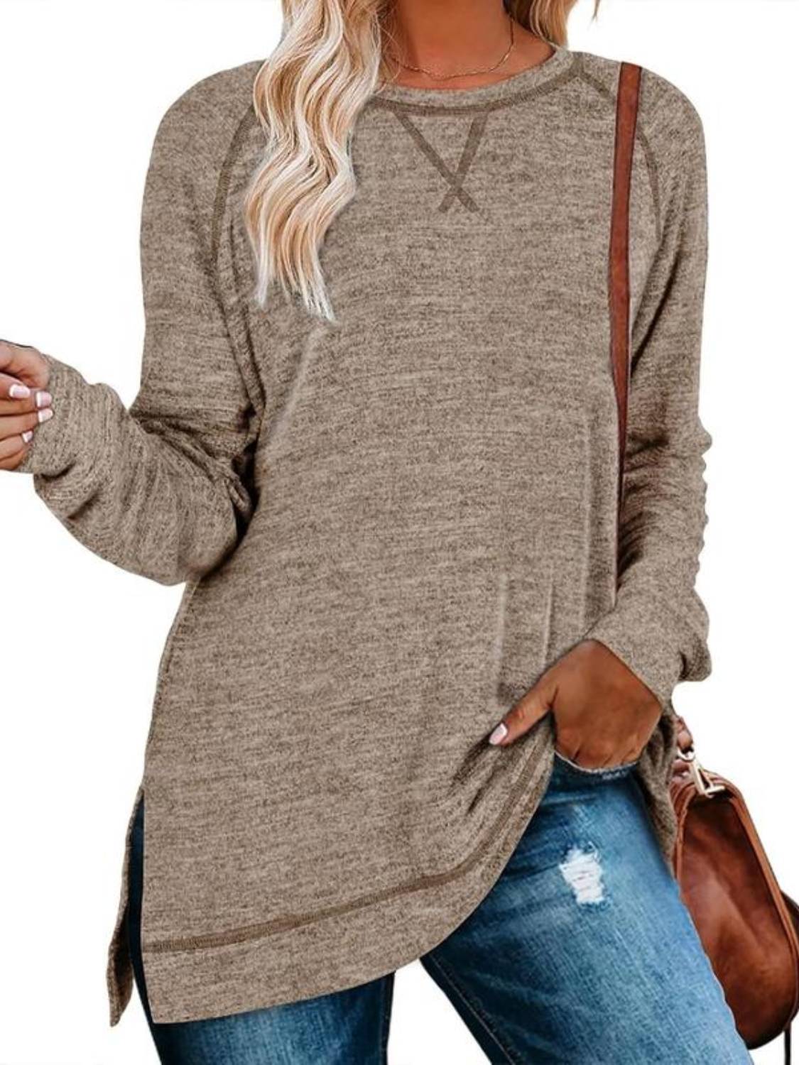 ⏰Hot Sale-Women Fall Side slit Long Sleeve Shirts Tunic Tops