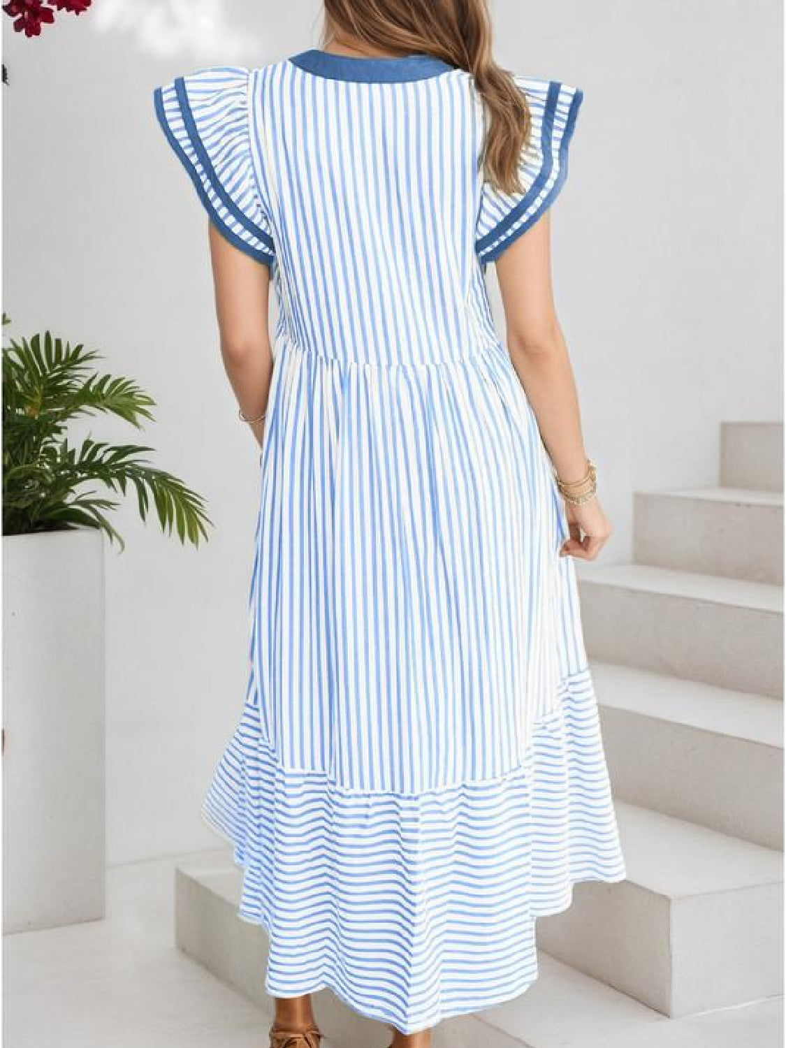 ⏰Hot Sale-Womens V-Neck Ruffle Striped Beach Midi Maxi Dress with Pockets