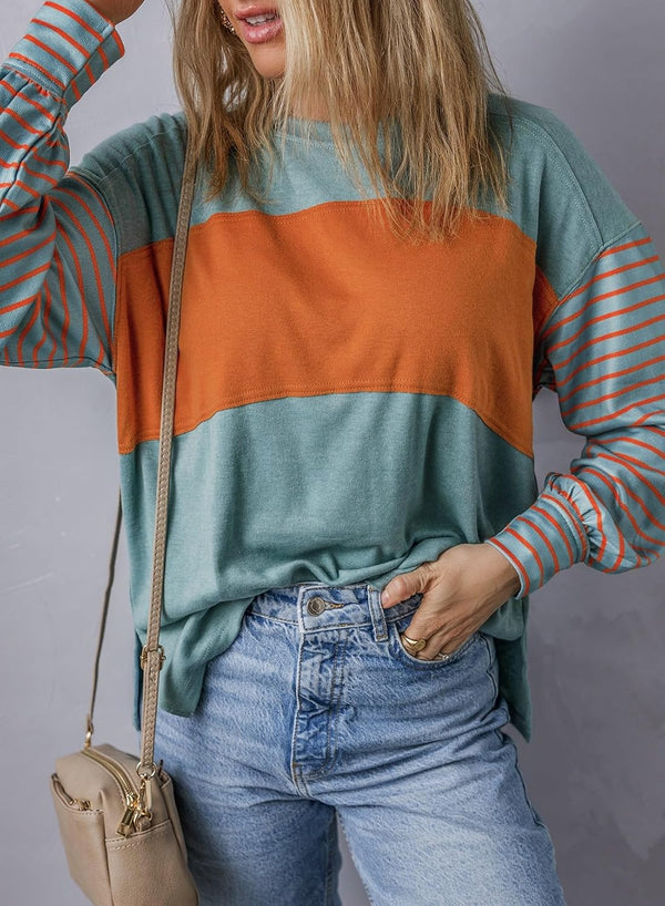 ⏰Hot Sale-Women's Cute Color Block Long Sleeve Casual Top