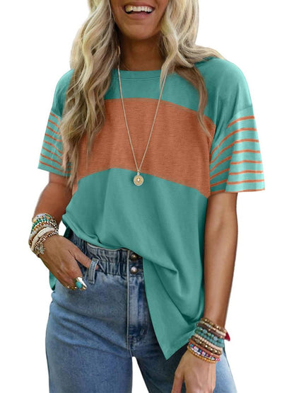 ✨Womens Oversized Crewneck Casual Color Block Striped Shirts Blouses