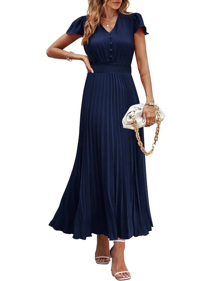 ✨Women's Summer Maxi Dresses Button V Neck Ruffle Cap Sleeve Long Flowy Pleated Dress