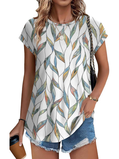 ✨Womens Printing Dressy Casual Cap Sleeve Tops with Curved Hem