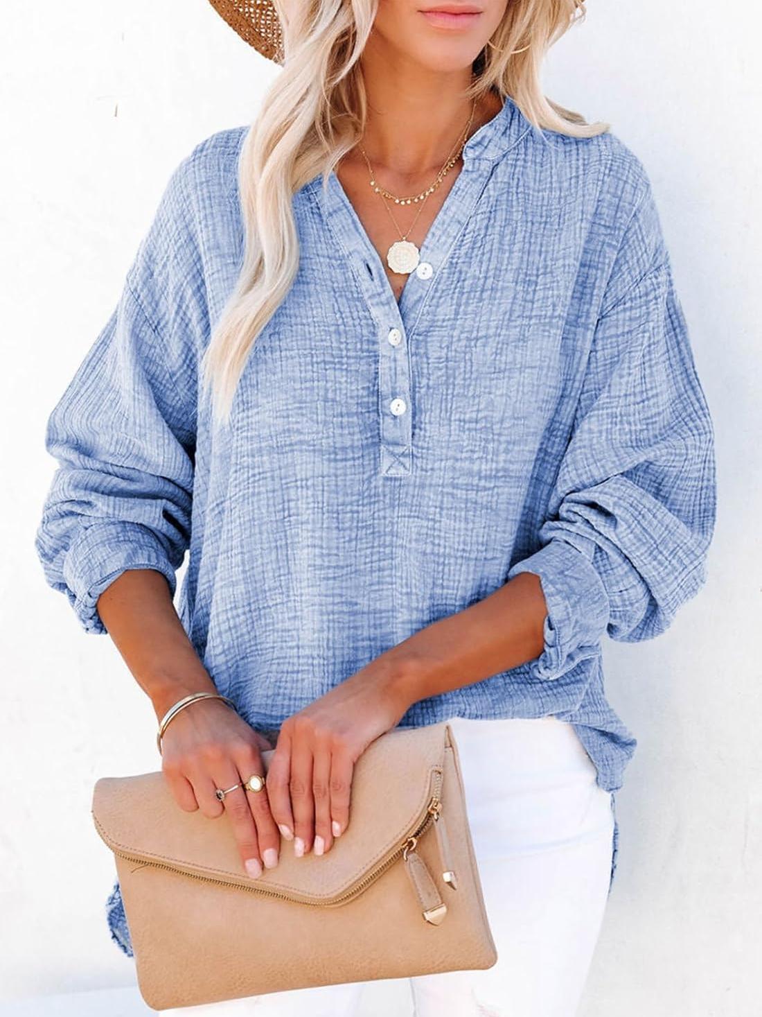 ⏰Hot Sale-Womens Casual Button V Neck Long Sleeve Shirts Oversized Solid Blouses Tops
