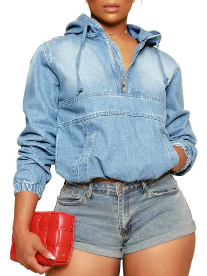 Women's Half Zip Denim Hoodie Pullover Jackets With Pocket