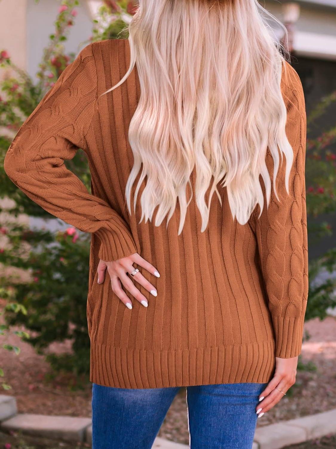 Women's Fall Casual Long Sleeve Button Down Open Front Cable Knit Cardigan