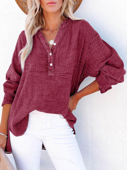 ⏰Hot Sale-Womens Casual Button V Neck Long Sleeve Shirts Oversized Solid Blouses Tops