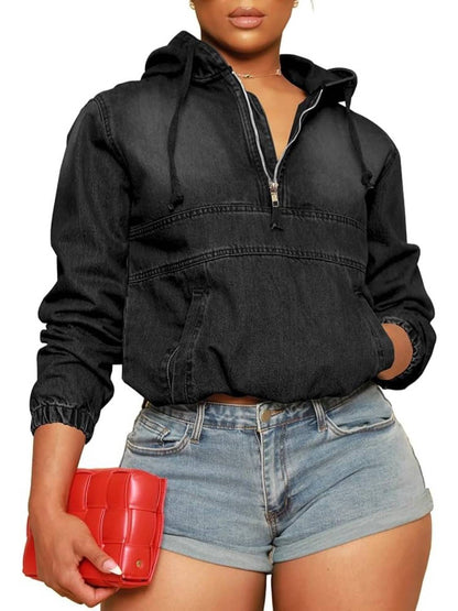 Women's Half Zip Denim Hoodie Pullover Jackets With Pocket