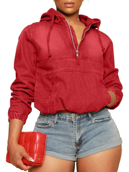 Women's Half Zip Denim Hoodie Pullover Jackets With Pocket