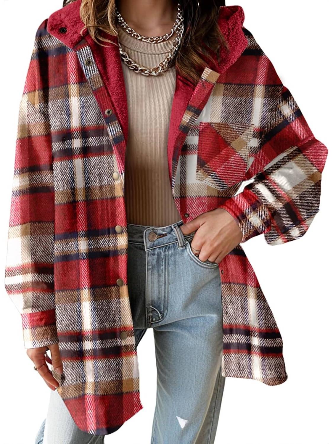 ✨Women's Flannel Hooded Button down Fleece Plaid Shacket