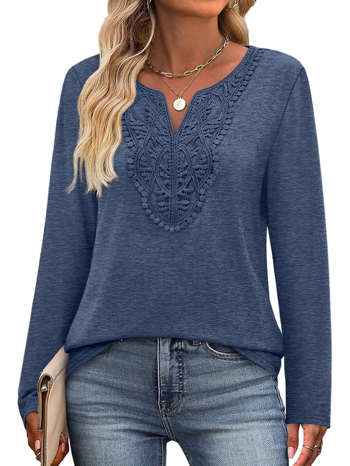 ✨Women Dressy Casual Lace V Neck Long Sleeve Shirts Blouses