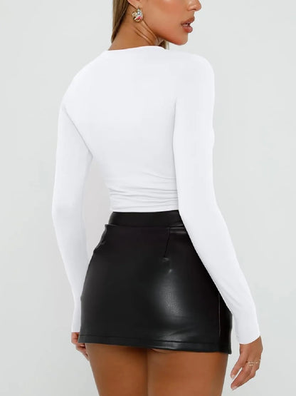 ⏰Hot Sale-Womens Cotton Long Sleeve Shirts Crew Neck Slim Fit Basic Top