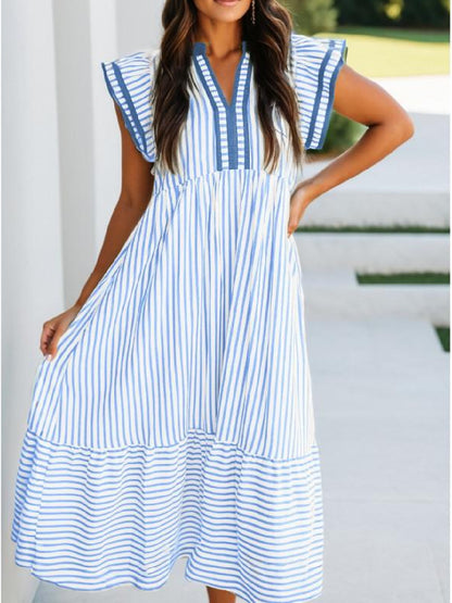 ⏰Hot Sale-Womens V-Neck Ruffle Striped Beach Midi Maxi Dress with Pockets