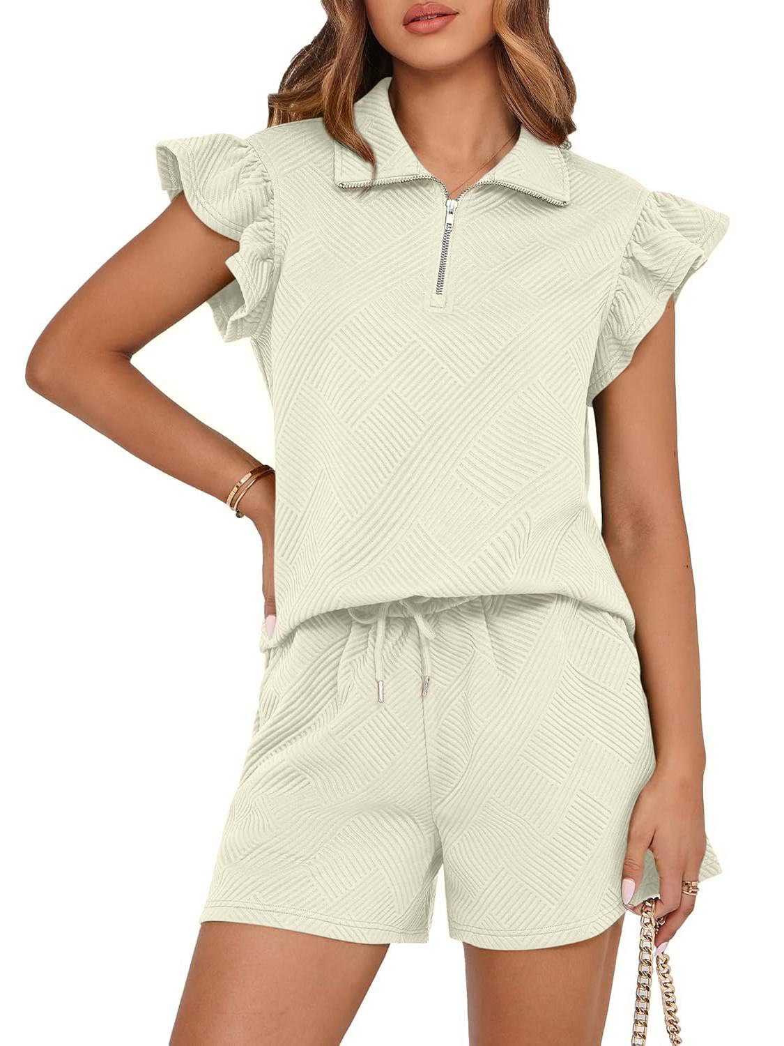 ✨2025 New Women's Zipper V Neck Casual Ruffle Short Sleeve Tops and Drawstring Shorts 2 Piece Outfits