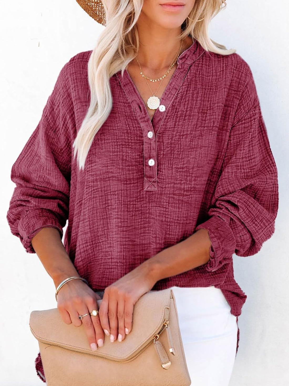 ⏰Hot Sale-Womens Casual Button V Neck Long Sleeve Shirts Oversized Solid Blouses Tops