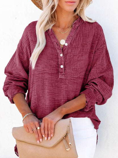 ⏰Hot Sale-Womens Casual Button V Neck Long Sleeve Shirts Oversized Solid Blouses Tops