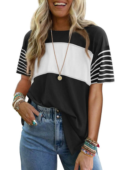 ✨Womens Oversized Crewneck Casual Color Block Striped Shirts Blouses