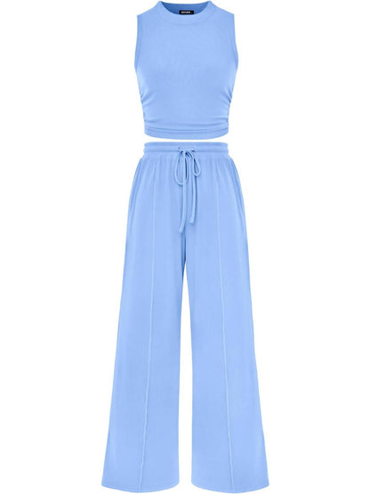 Women Crew Neck Sleeveless Cropped Top Elastic Waist Wide Leg Pants 2 Piece Set