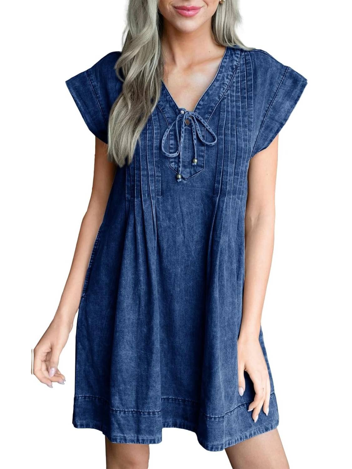 ✨Women's V-neck Pleated Denim Dress With Pockets