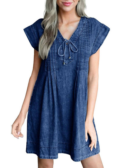 ✨Women's V-neck Pleated Denim Dress With Pockets