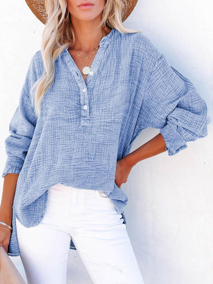 ⏰Hot Sale-Womens Casual Button V Neck Long Sleeve Shirts Oversized Solid Blouses Tops