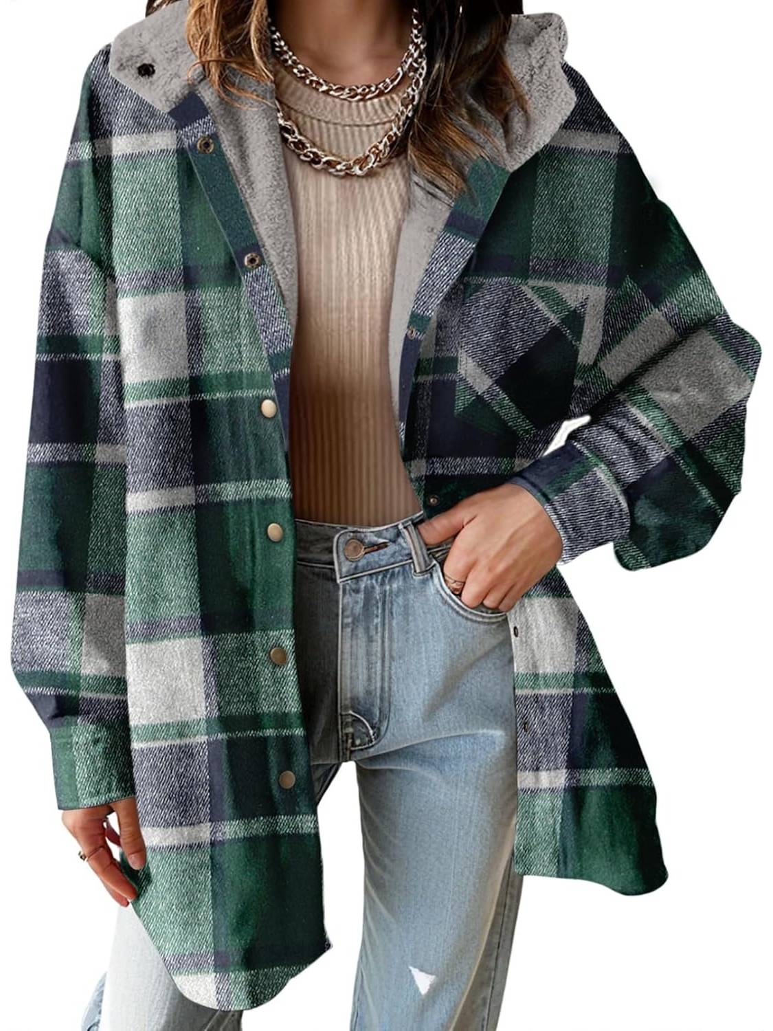 ✨Women's Flannel Hooded Button down Fleece Plaid Shacket