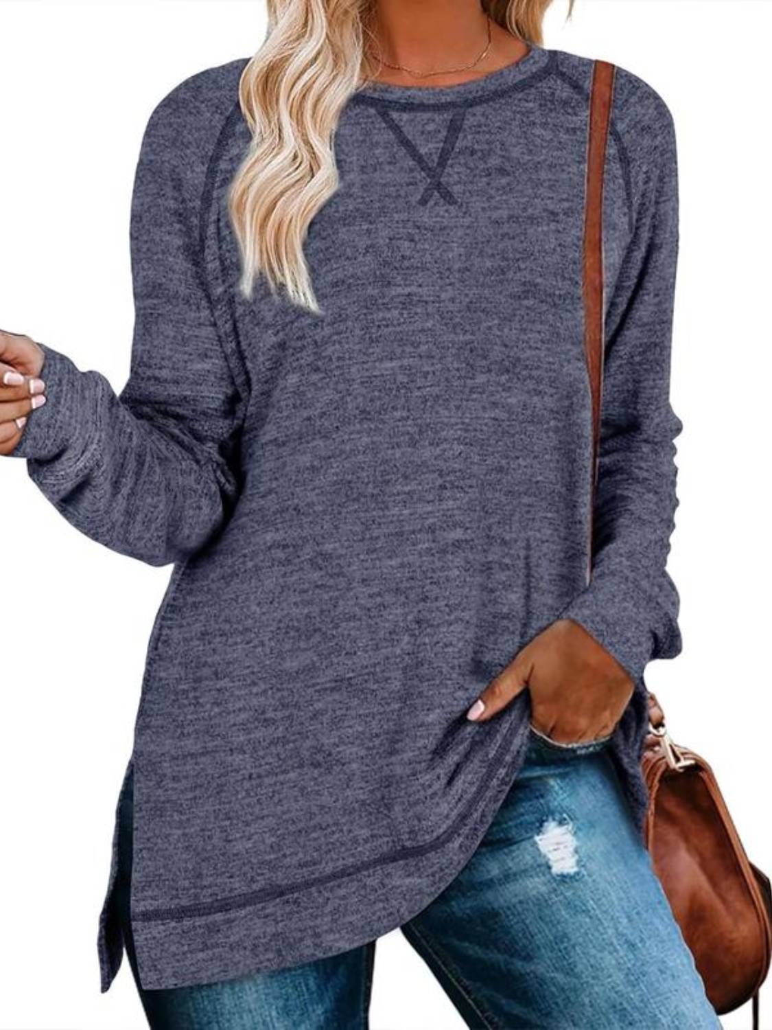 ⏰Hot Sale-Women Fall Side slit Long Sleeve Shirts Tunic Tops