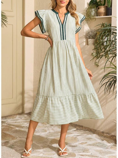 ⏰Hot Sale-Womens V-Neck Ruffle Striped Beach Midi Maxi Dress with Pockets