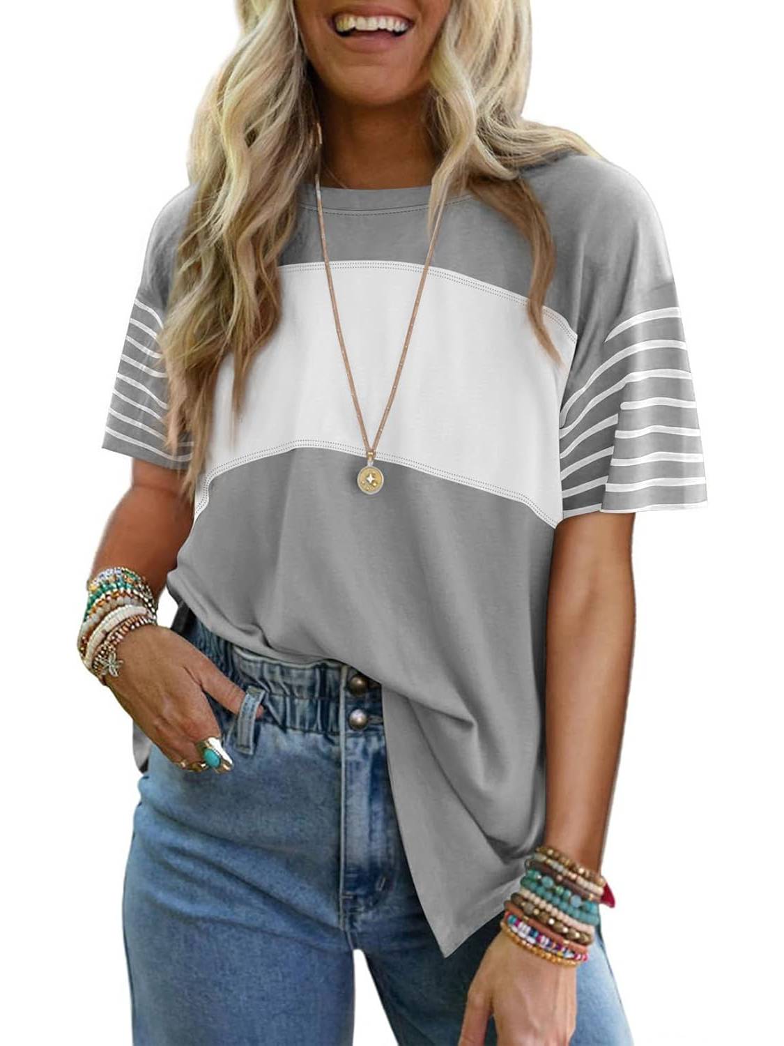 ✨Womens Oversized Crewneck Casual Color Block Striped Shirts Blouses