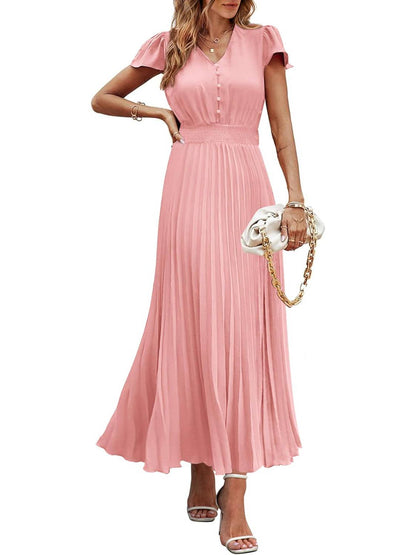 ✨Women's Summer Maxi Dresses Button V Neck Ruffle Cap Sleeve Long Flowy Pleated Dress