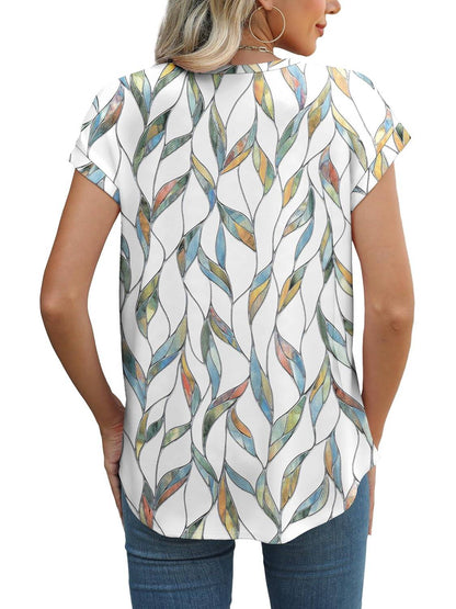 ✨Womens Printing Dressy Casual Cap Sleeve Tops with Curved Hem