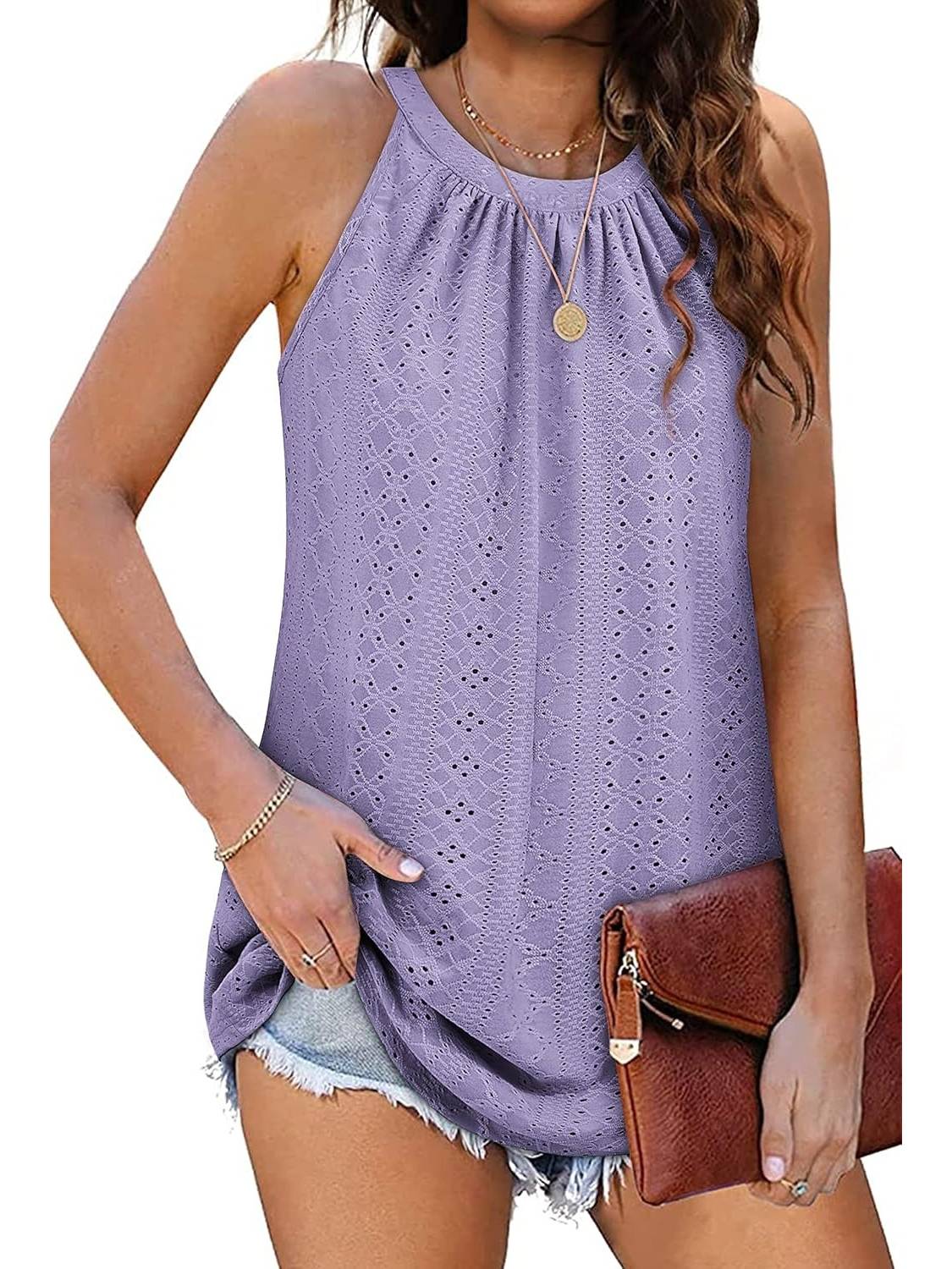✨Women Casual Pleated Eyelet Loose Fit High Neck Sleeveless Halter Tank Tops