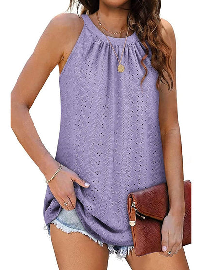 ✨Women Casual Pleated Eyelet Loose Fit High Neck Sleeveless Halter Tank Tops