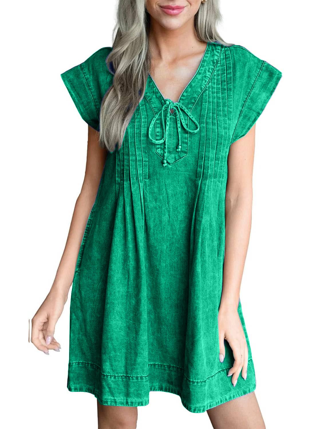 ✨Women's V-neck Pleated Denim Dress With Pockets