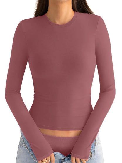 ⏰Hot Sale-Womens Cotton Long Sleeve Shirts Crew Neck Slim Fit Basic Top