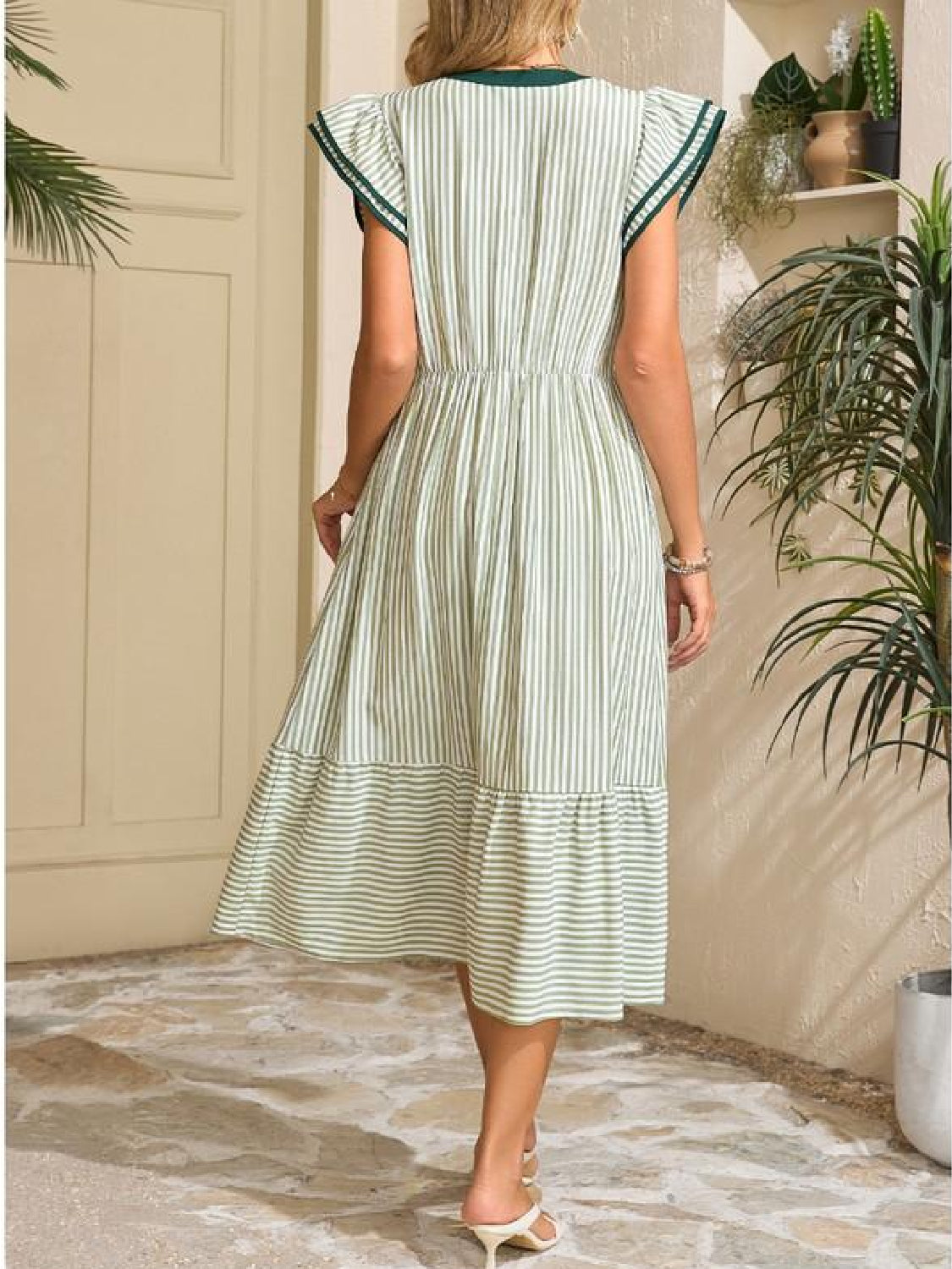 ⏰Hot Sale-Womens V-Neck Ruffle Striped Beach Midi Maxi Dress with Pockets