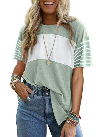 ✨Womens Oversized Crewneck Casual Color Block Striped Shirts Blouses
