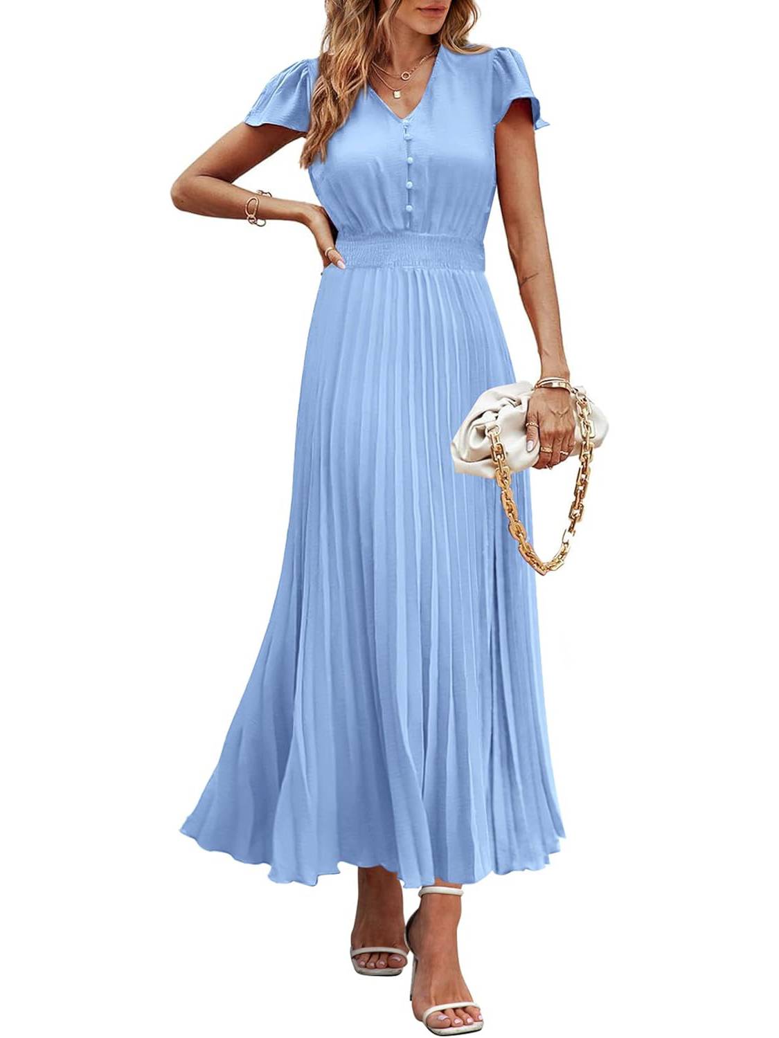✨Women's Summer Maxi Dresses Button V Neck Ruffle Cap Sleeve Long Flowy Pleated Dress