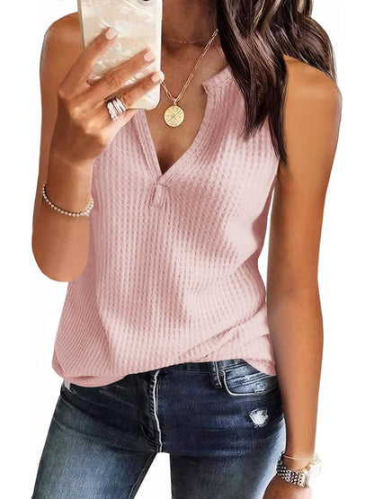 ✨Womens V Neck Waffle Knit Summer Casual Sleeveless Loose Tank Tops