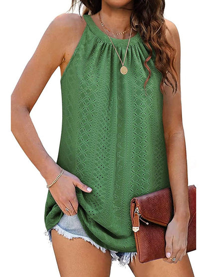 ✨Women Casual Pleated Eyelet Loose Fit High Neck Sleeveless Halter Tank Tops