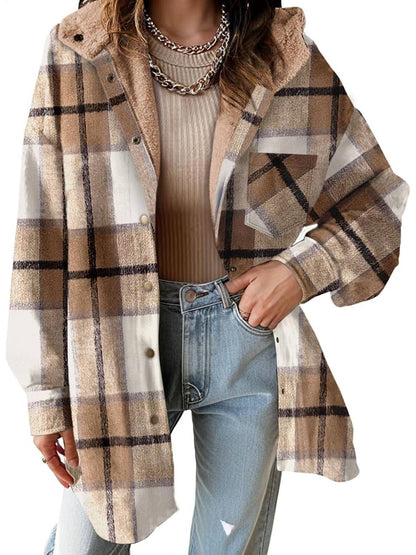 ✨Women's Flannel Hooded Button down Fleece Plaid Shacket