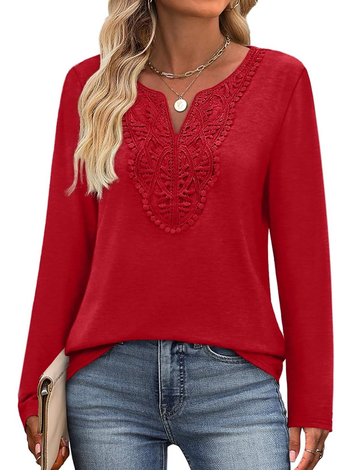 ✨Women Dressy Casual Lace V Neck Long Sleeve Shirts Blouses