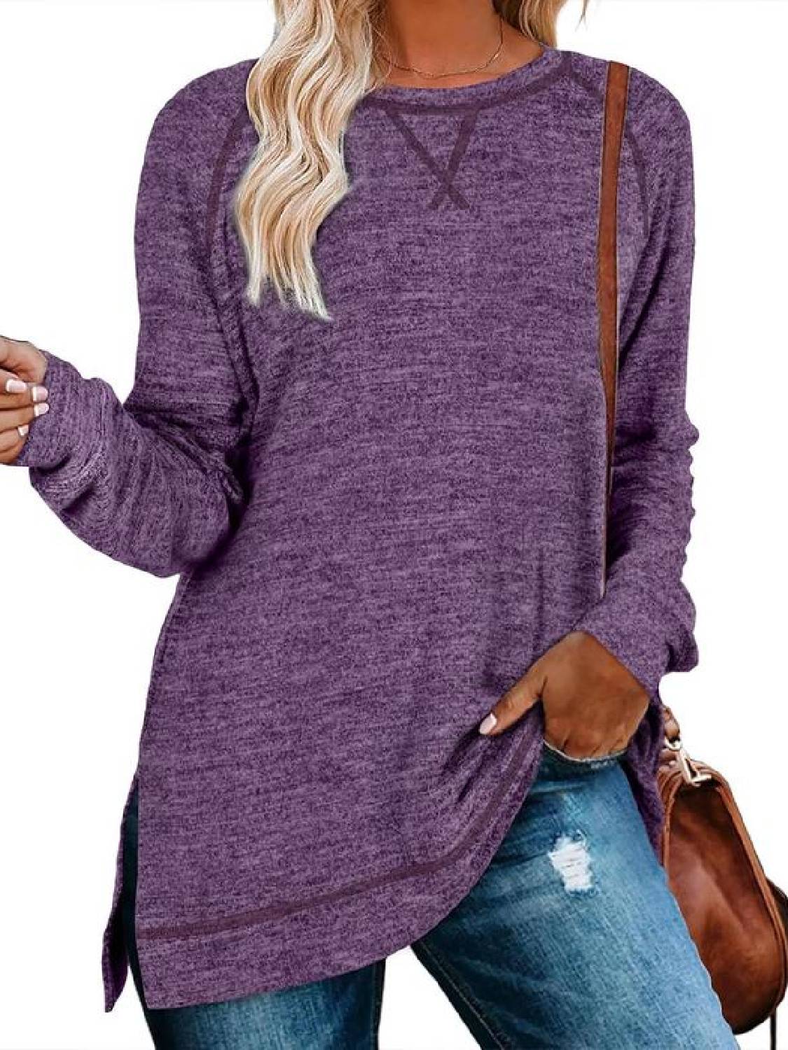 ⏰Hot Sale-Women Fall Side slit Long Sleeve Shirts Tunic Tops