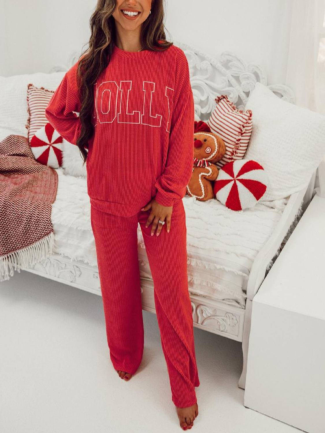✨Womens JOLLY Graphic Christmas Ribbed Long Sleeve Top & Pants 2 Piece Set