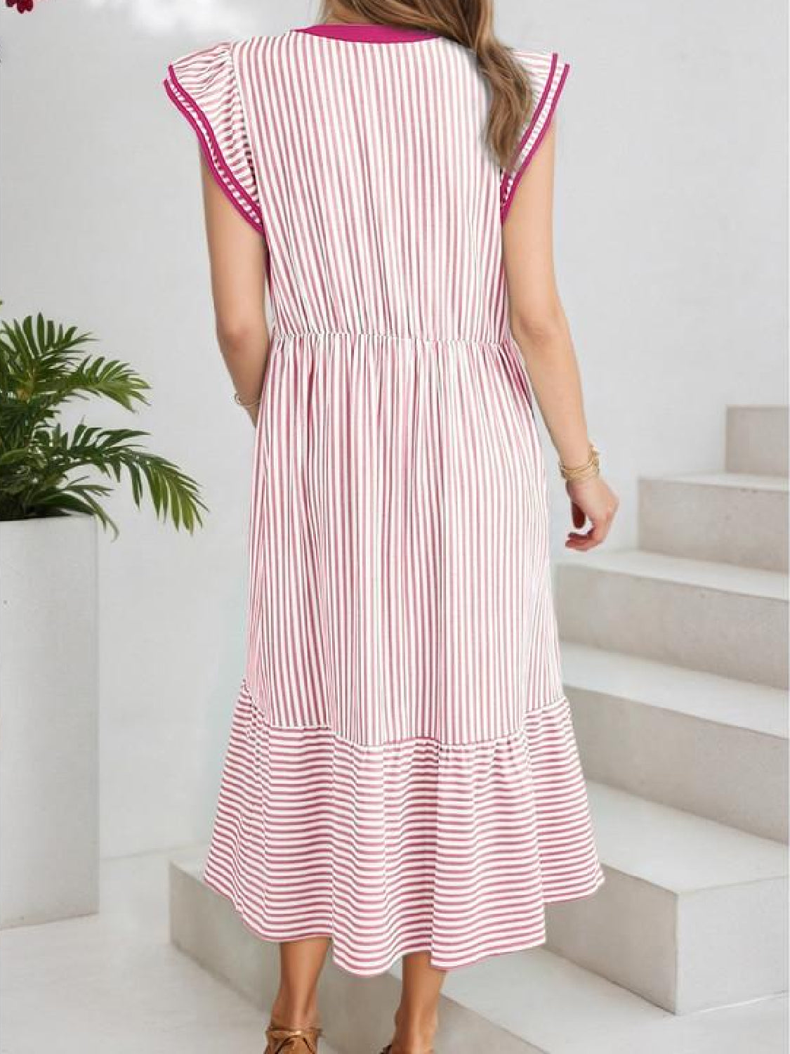 ⏰Hot Sale-Womens V-Neck Ruffle Striped Beach Midi Maxi Dress with Pockets