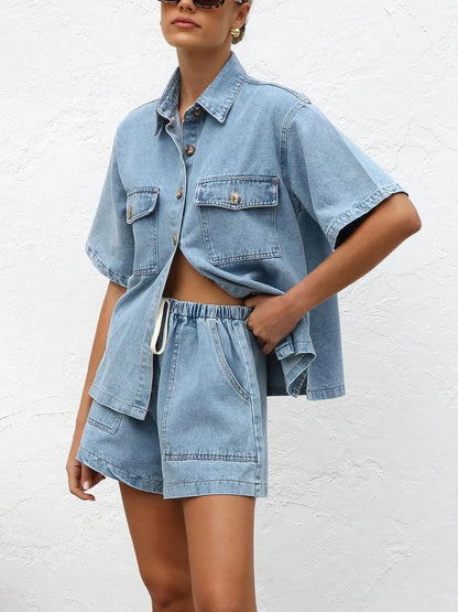 WOMEN'S WASH DENIM SHIRT & SHORTS TWO-PIECE SET