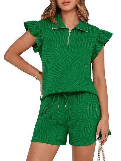 ✨2025 New Women's Zipper V Neck Casual Ruffle Short Sleeve Tops and Drawstring Shorts 2 Piece Outfits