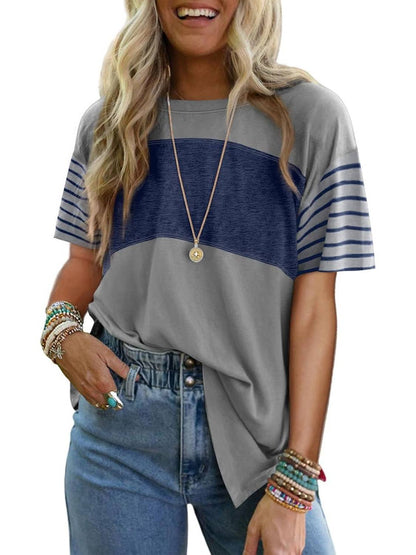 ✨Womens Oversized Crewneck Casual Color Block Striped Shirts Blouses