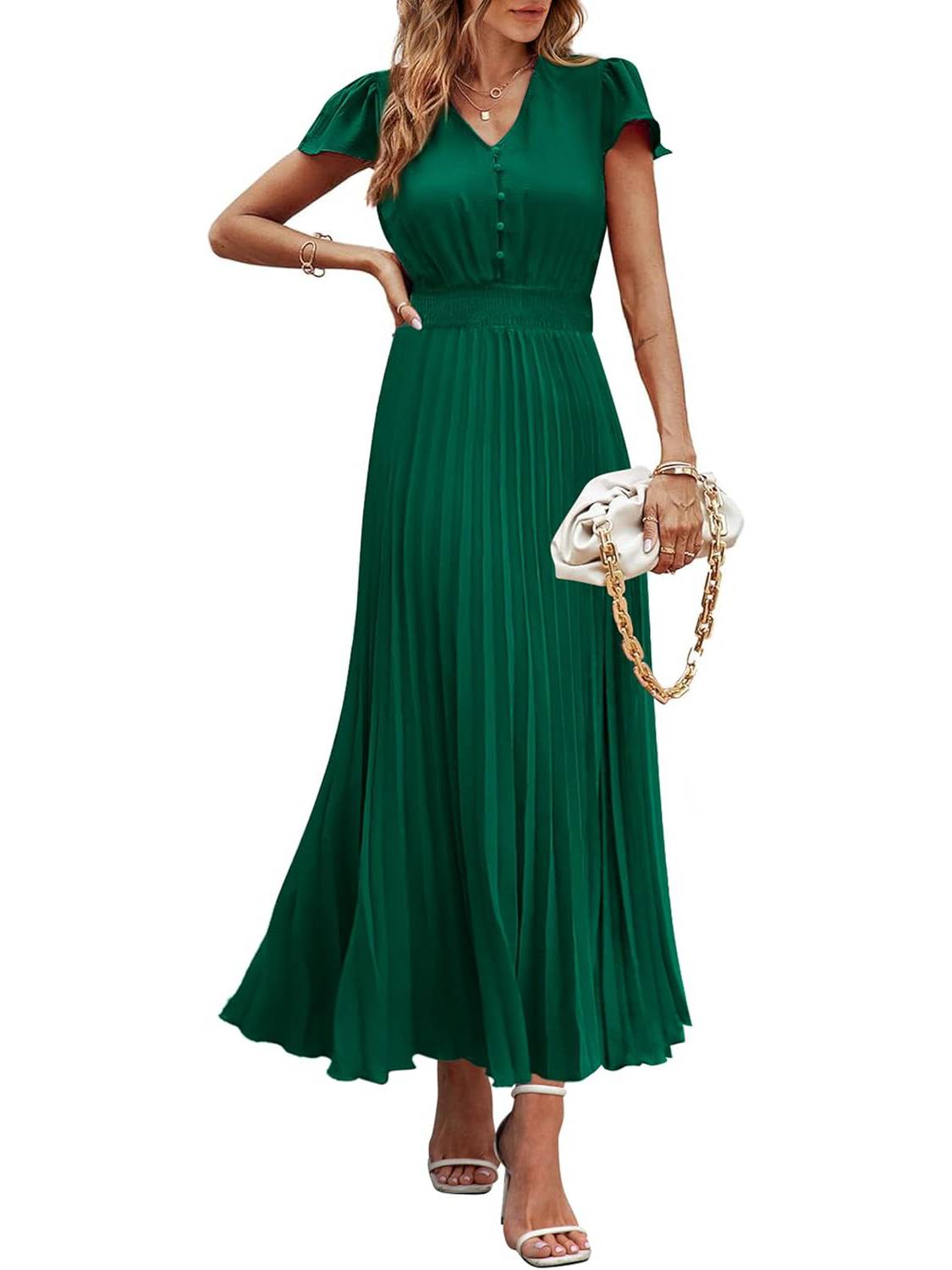 ✨Women's Summer Maxi Dresses Button V Neck Ruffle Cap Sleeve Long Flowy Pleated Dress