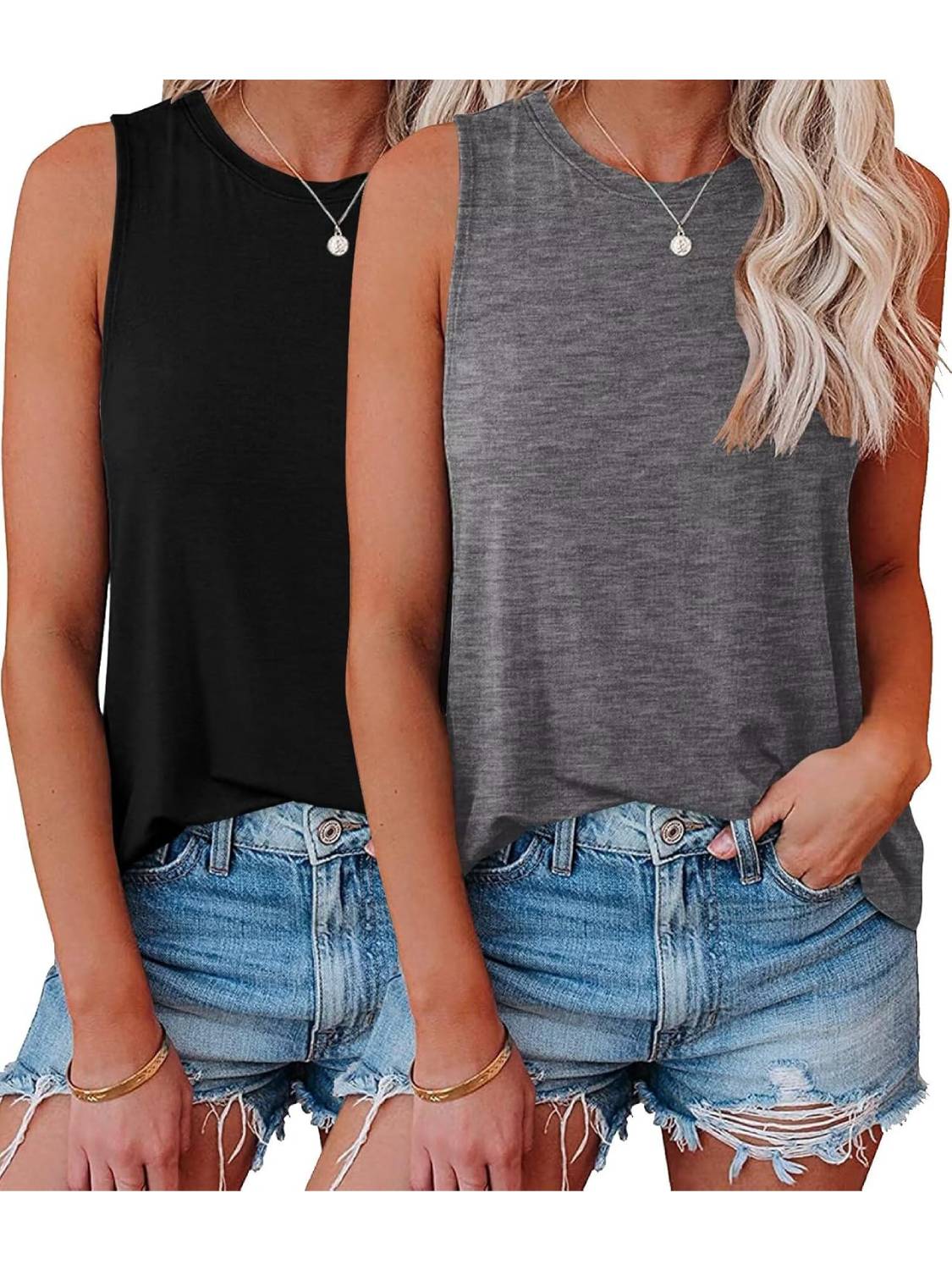 ✨Womens Crew Neck Sleeveless Loose Fit Casual 2 Pack Tank Tops