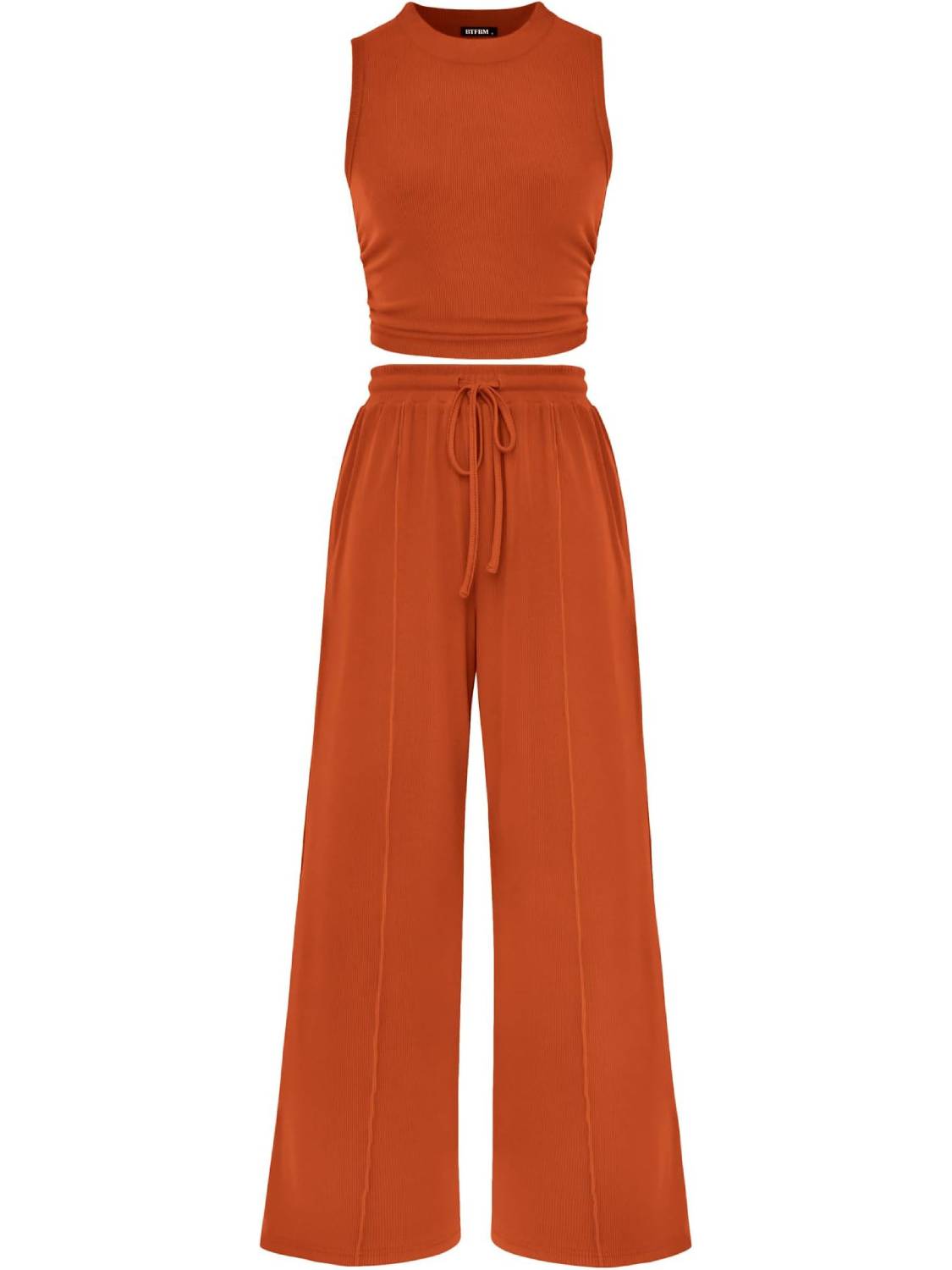 Women Crew Neck Sleeveless Cropped Top Elastic Waist Wide Leg Pants 2 Piece Set